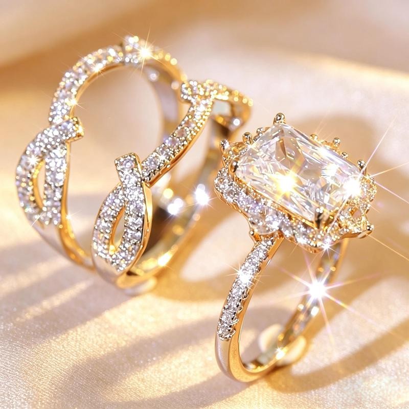 Emerald Cut Halo & Twisted Band Ring Set