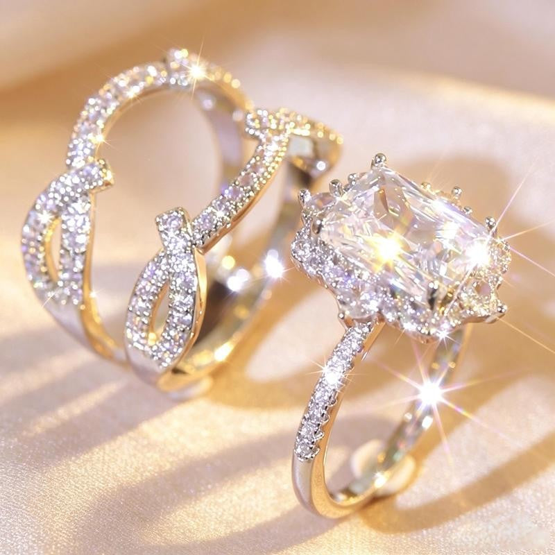 Emerald Cut Halo & Twisted Band Ring Set