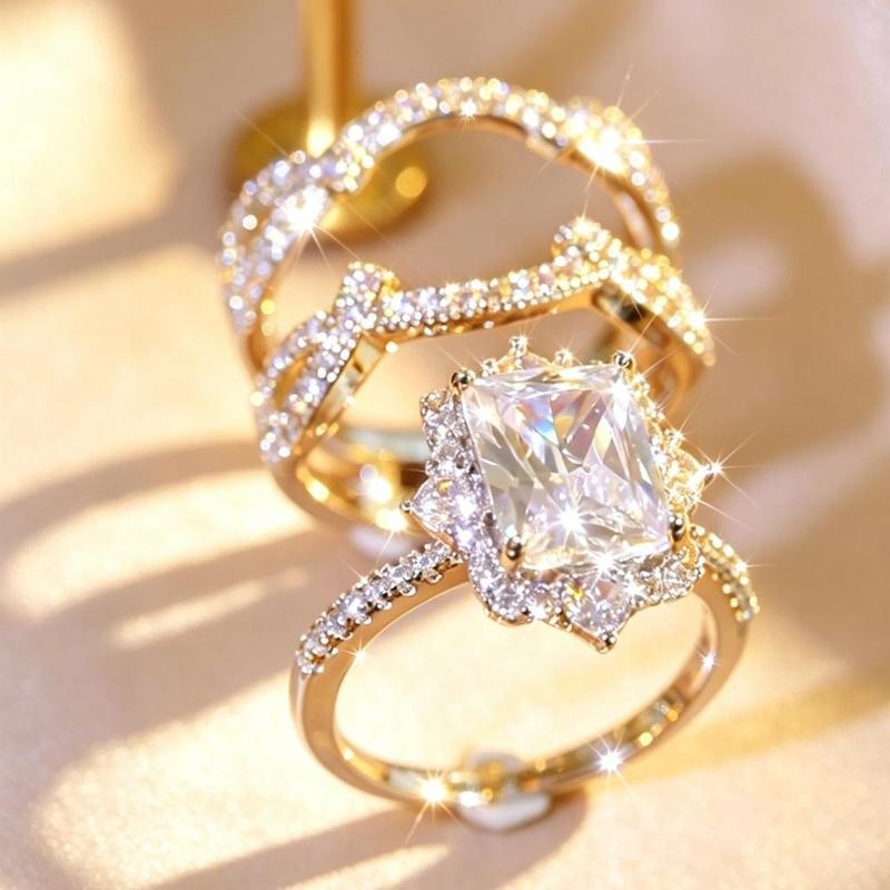 Emerald Cut Halo & Twisted Band Ring Set