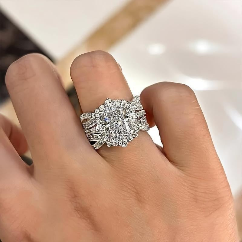 Emerald Cut Halo & Twisted Band Ring Set