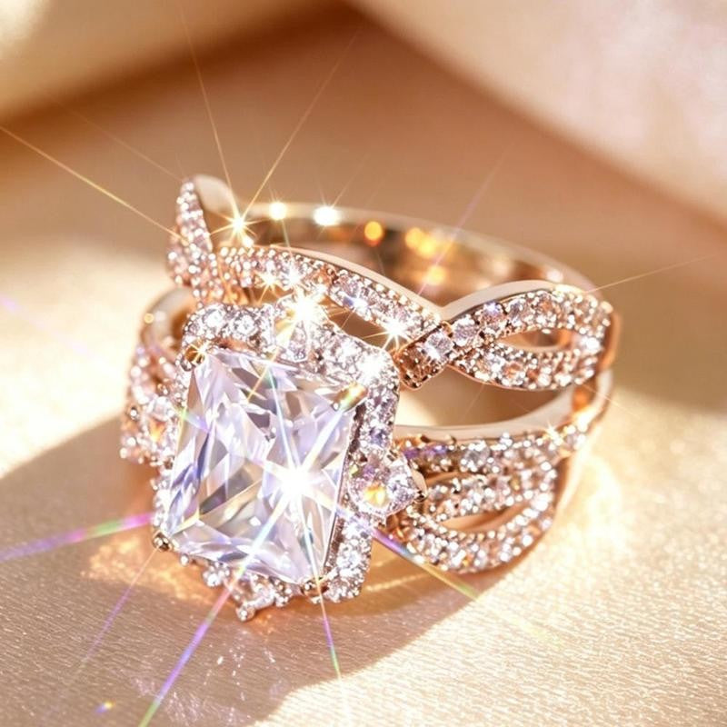 Emerald Cut Halo & Twisted Band Ring Set