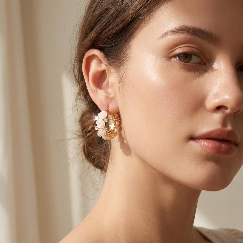 Floral Rose Gold Hoop Clip Earrings