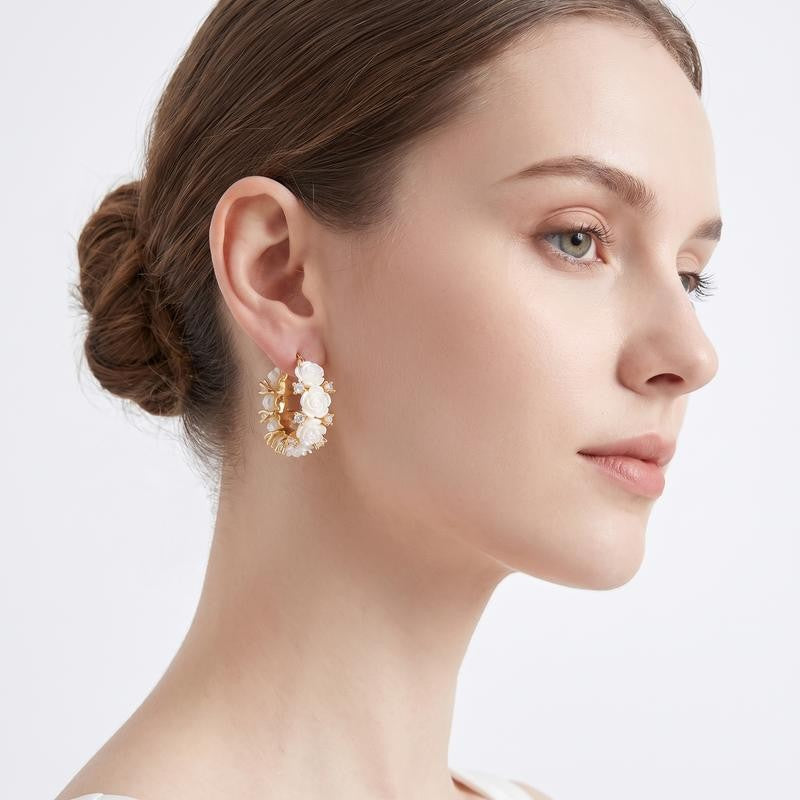 Floral Rose Gold Hoop Clip Earrings