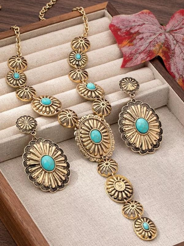 Boho Turquoise Floral Necklace & Earrings Set