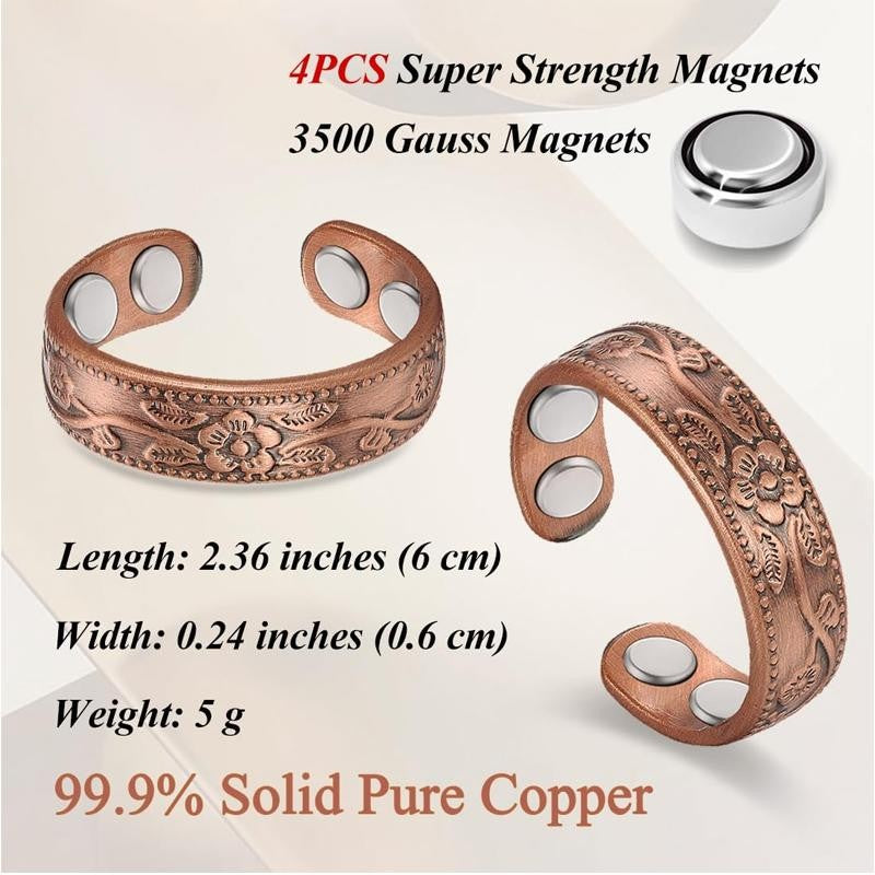 Adjustable Floral Copper Magnetic Ring Set