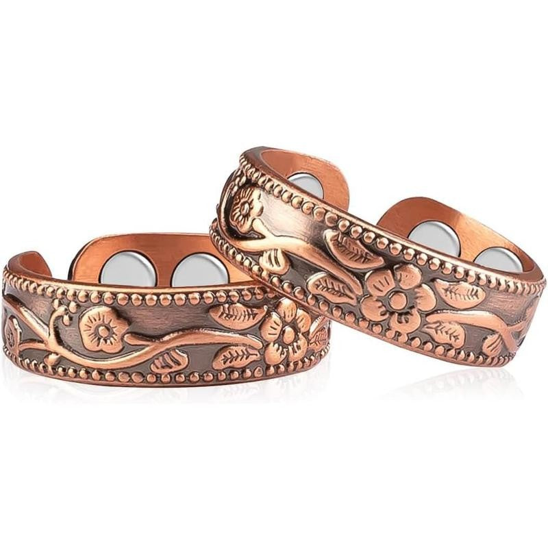 Adjustable Floral Copper Magnetic Ring Set