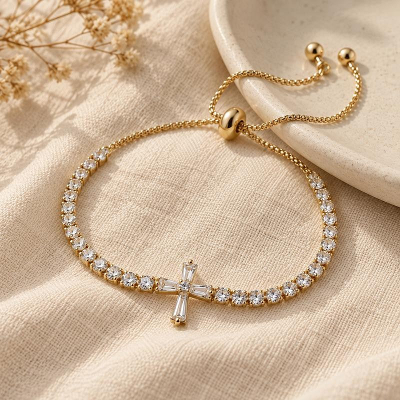 14k Zircon Cross Adjustable Bracelet