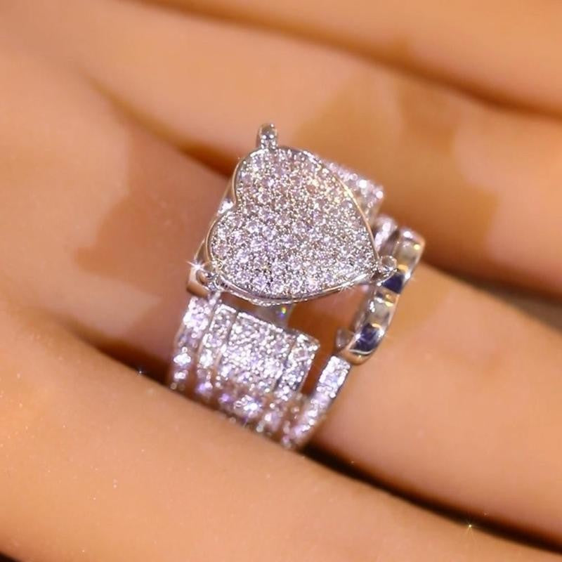 Silver Paved Heart Wide Band Ring