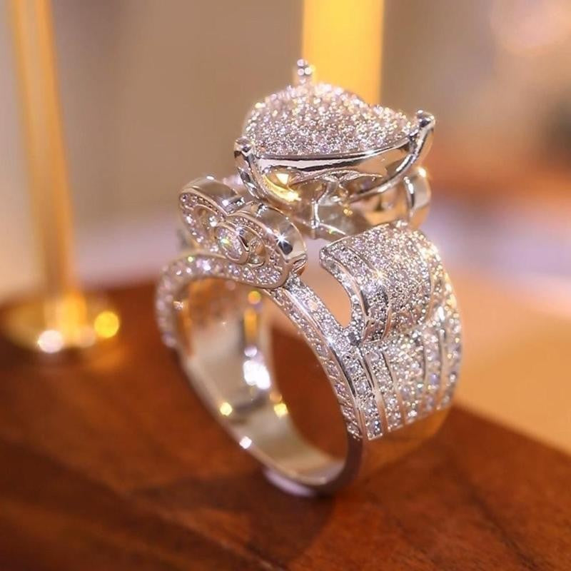 Silver Paved Heart Wide Band Ring