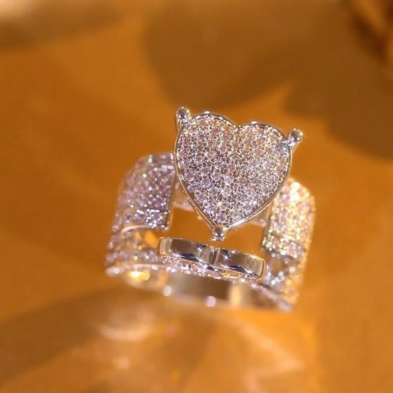 Silver Paved Heart Wide Band Ring