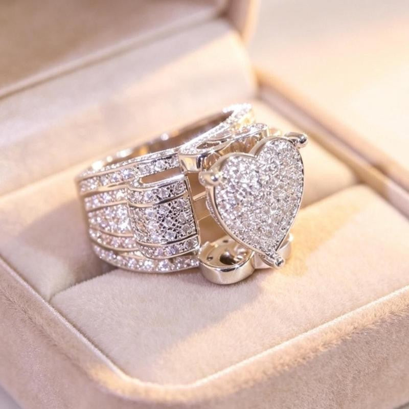 Silver Paved Heart Wide Band Ring