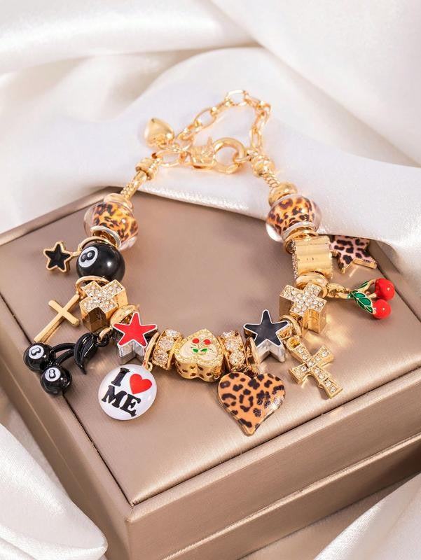 Leopard Print Heart & Clover Charm Bracelet