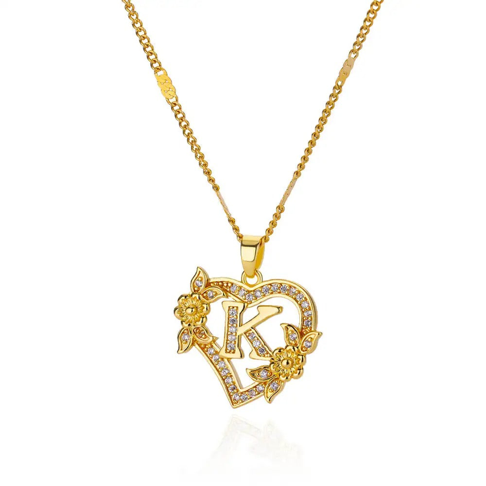 Flower Heart Initial Necklace