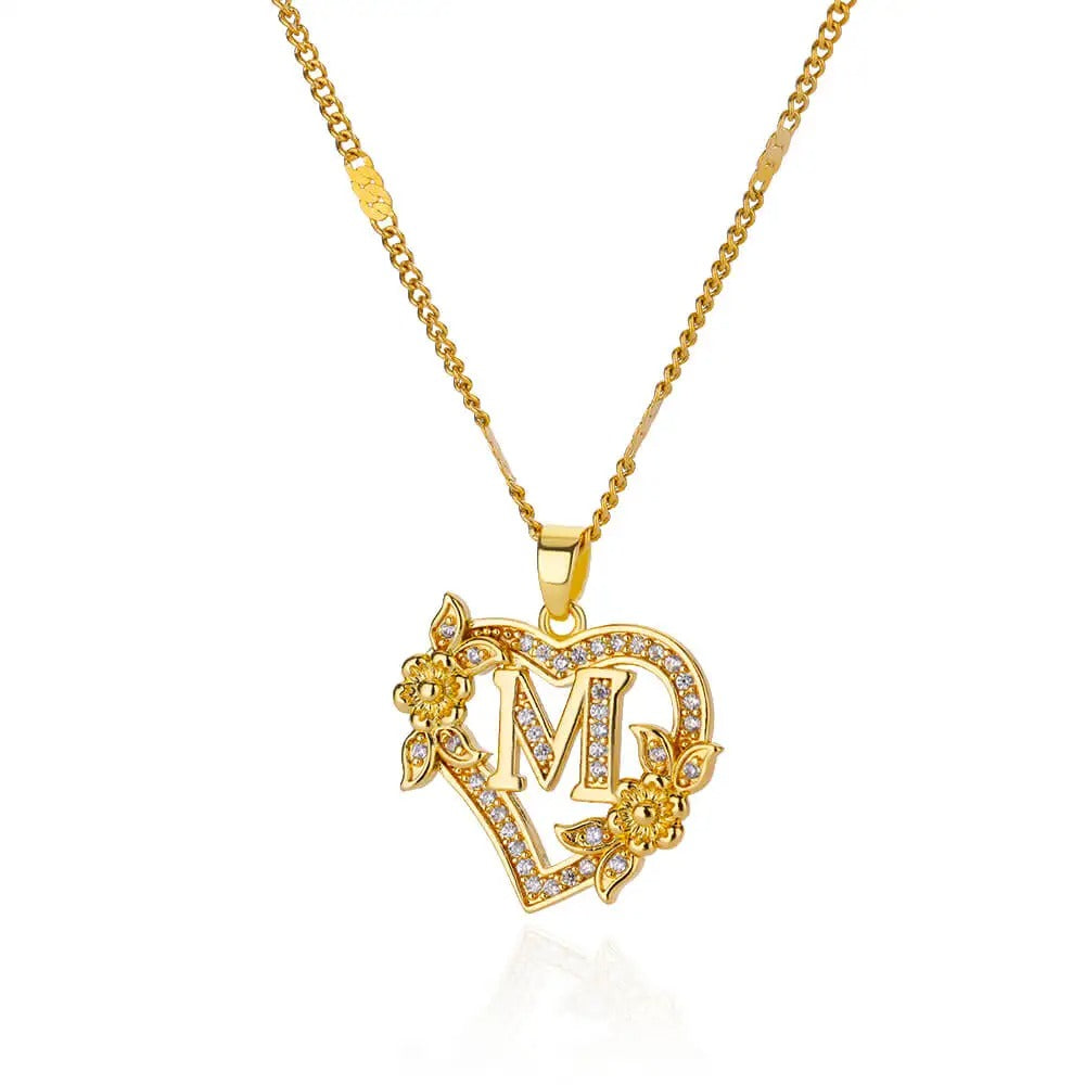 Flower Heart Initial Necklace