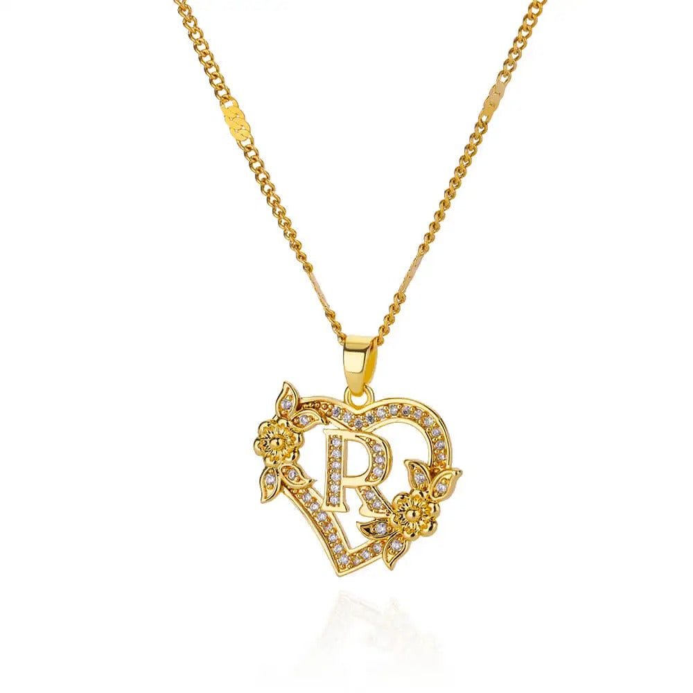 Flower Heart Initial Necklace