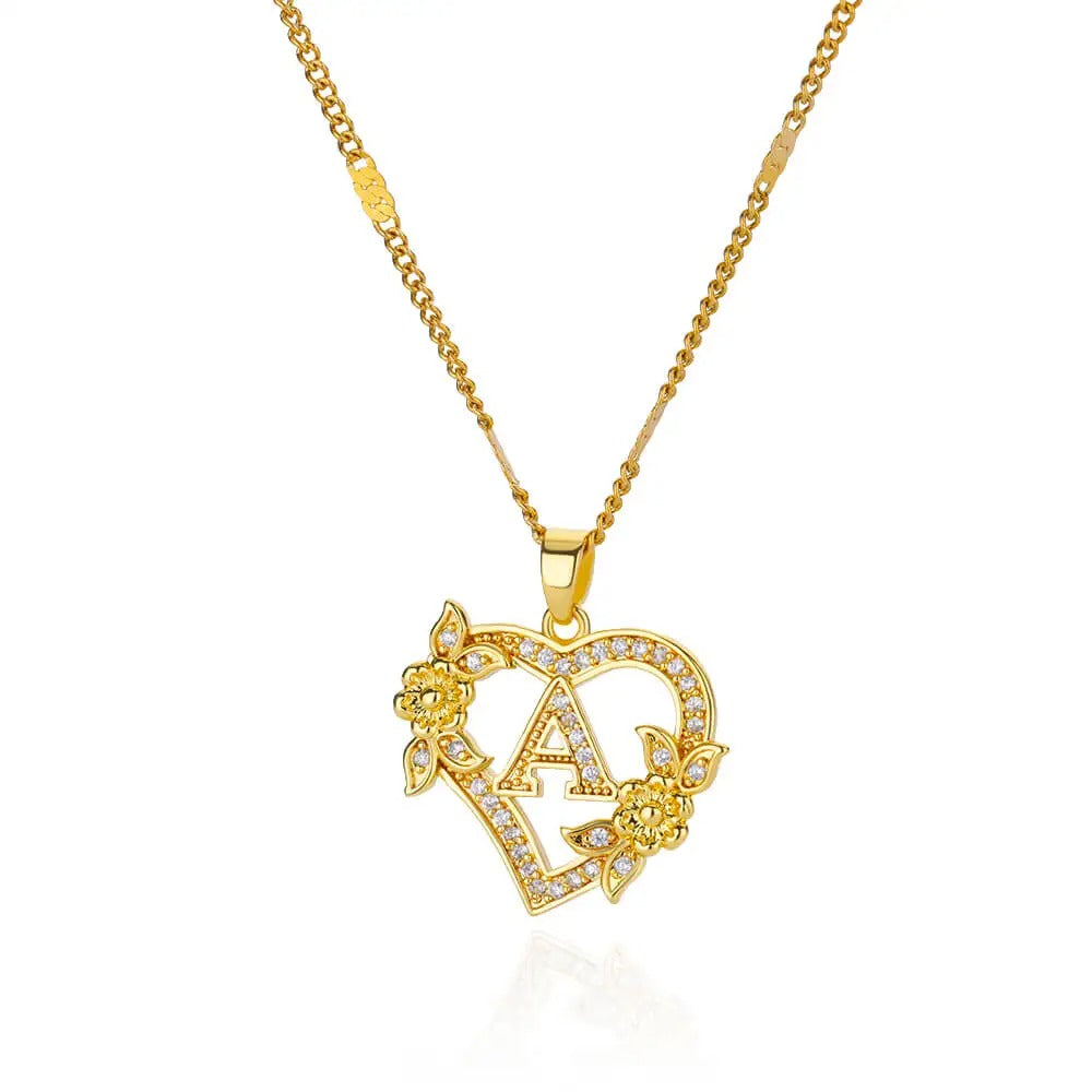 Flower Heart Initial Necklace