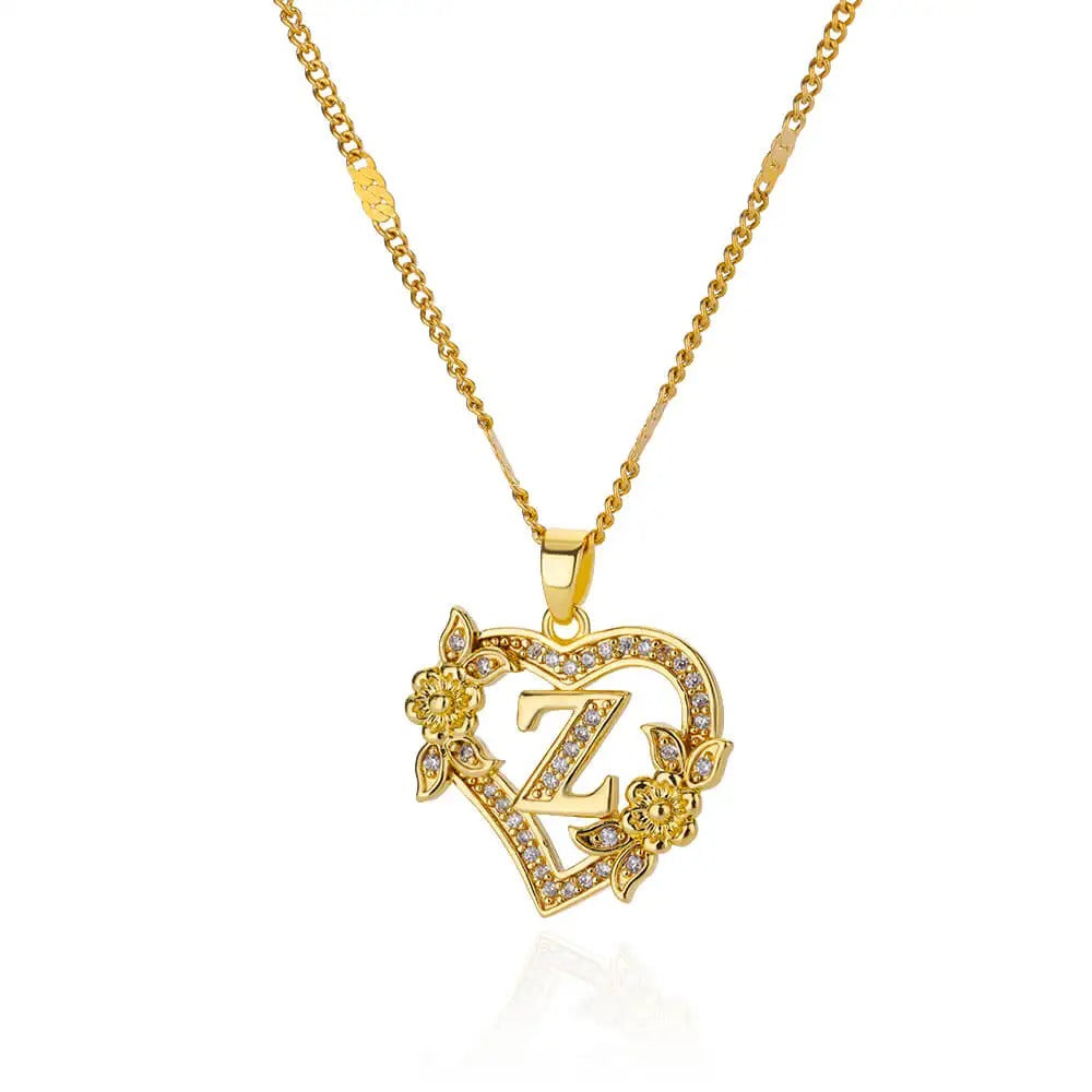 Flower Heart Initial Necklace