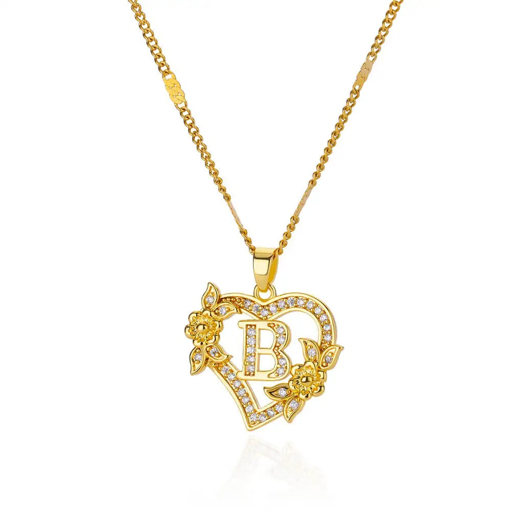 Flower Heart Initial Necklace