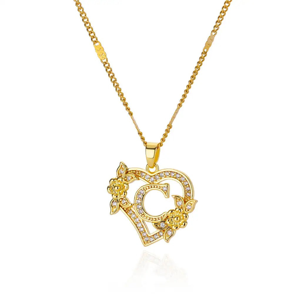 Flower Heart Initial Necklace