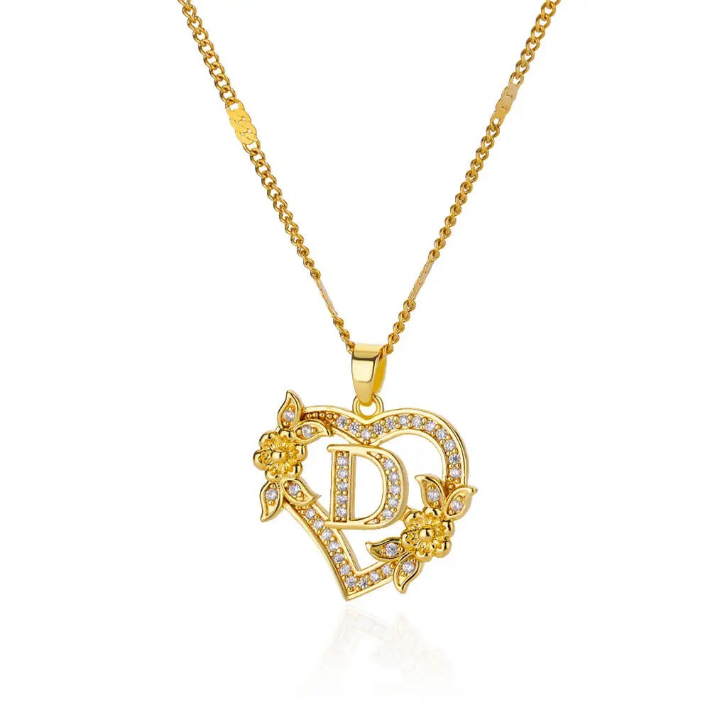 Flower Heart Initial Necklace