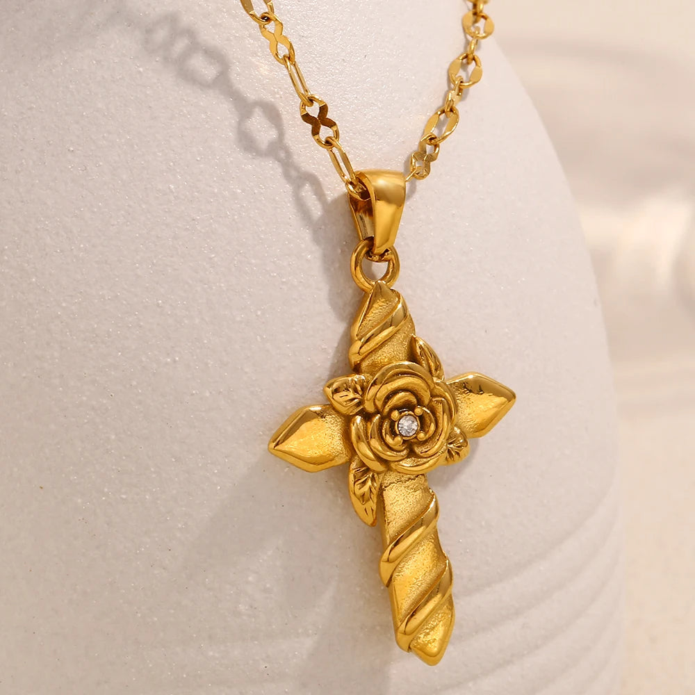 Gold Rose Cross Necklace