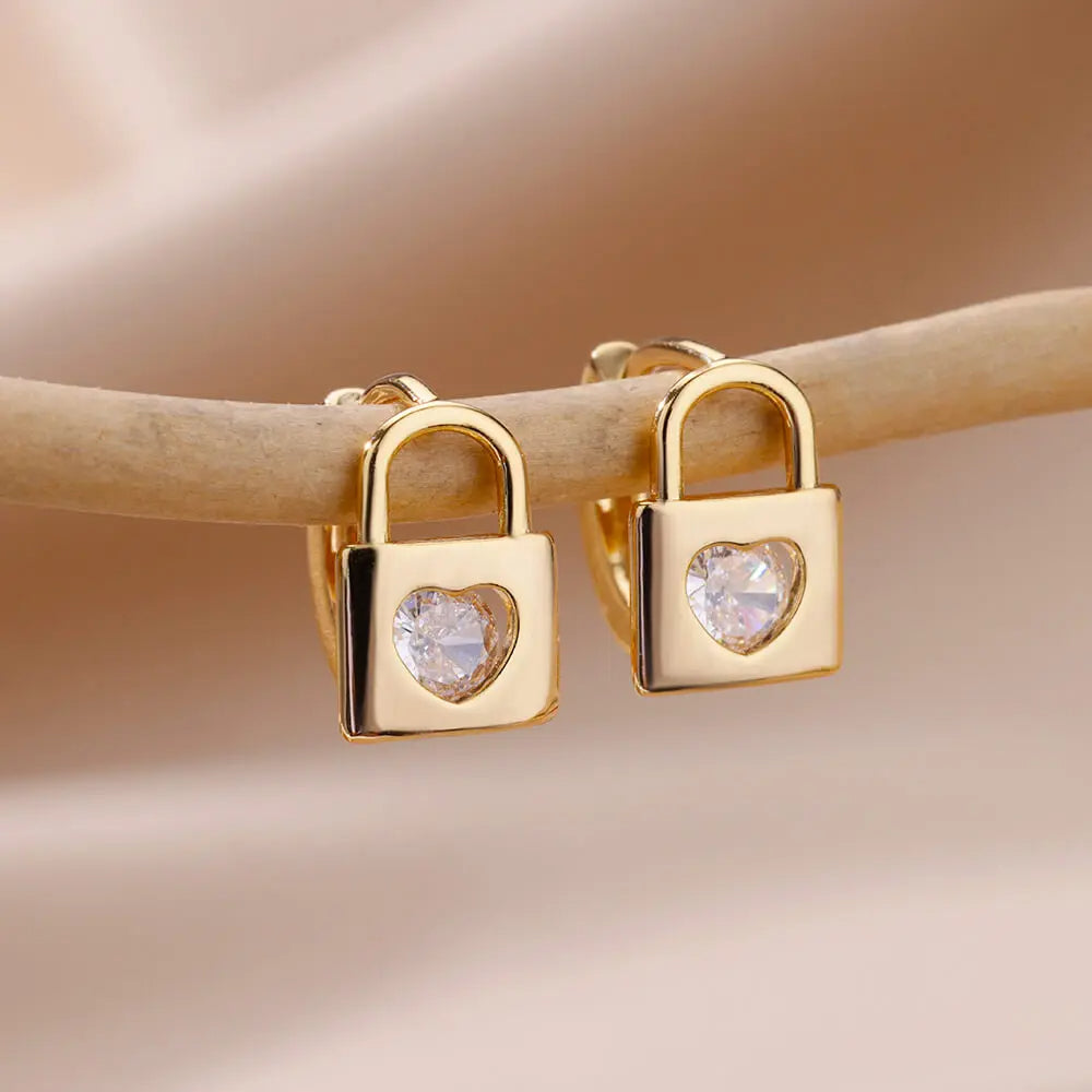 Heart Zircon Lock Earrings