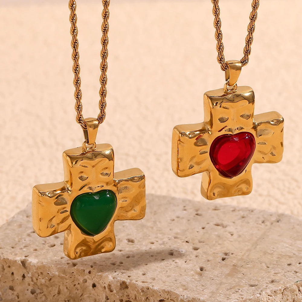 Stone Heart Cross Necklace