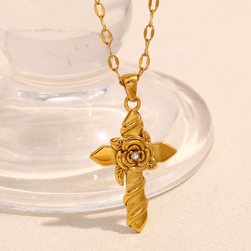 Gold Rose Cross Necklace