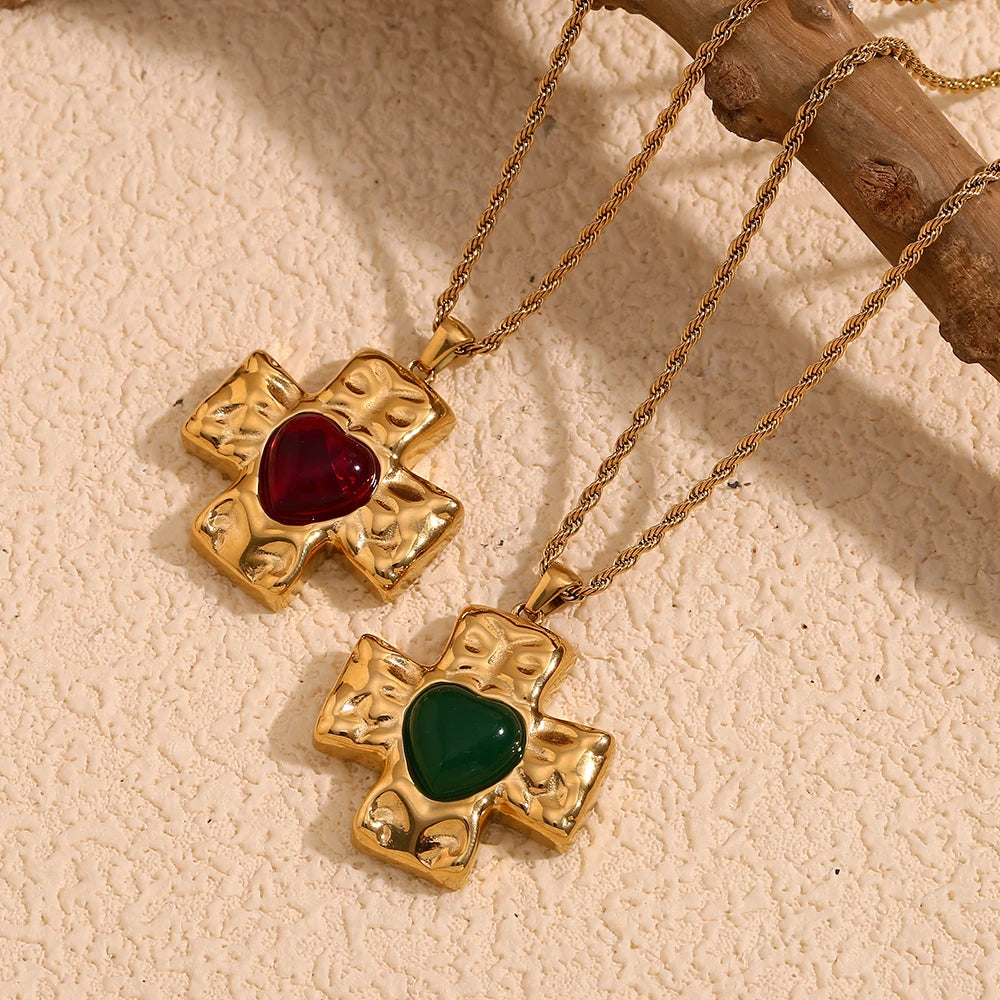 Stone Heart Cross Necklace
