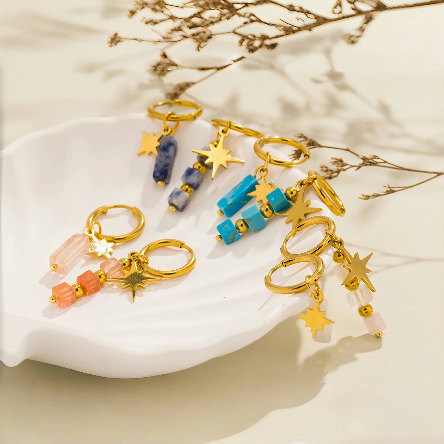 Asymmetric Stone Star Earrings