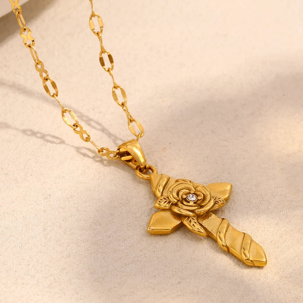 Gold Rose Cross Necklace