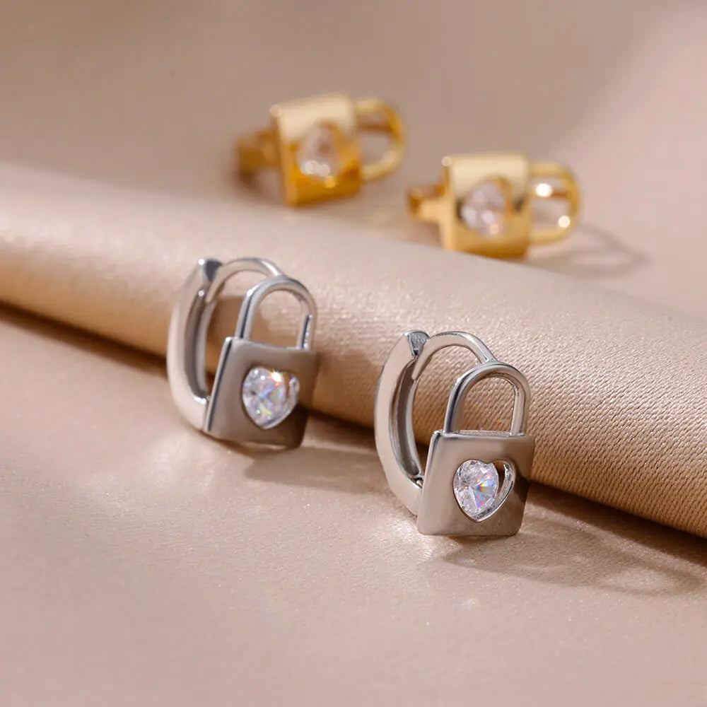 Heart Zircon Lock Earrings