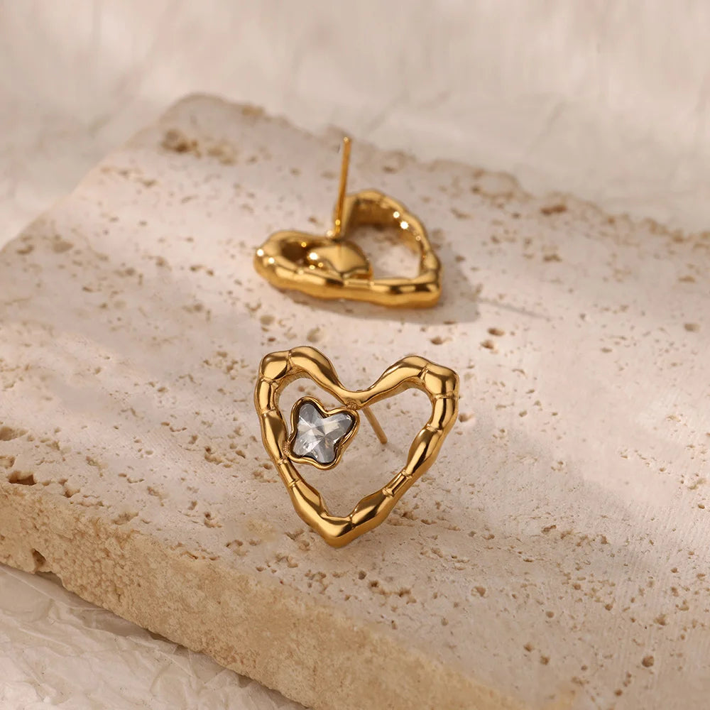 Gold Zircon Heart Earrings