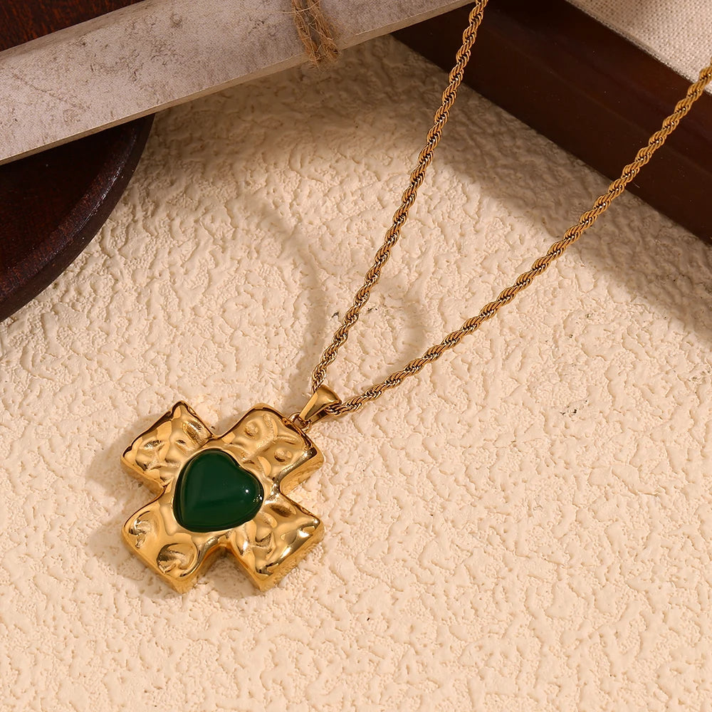 Stone Heart Cross Necklace
