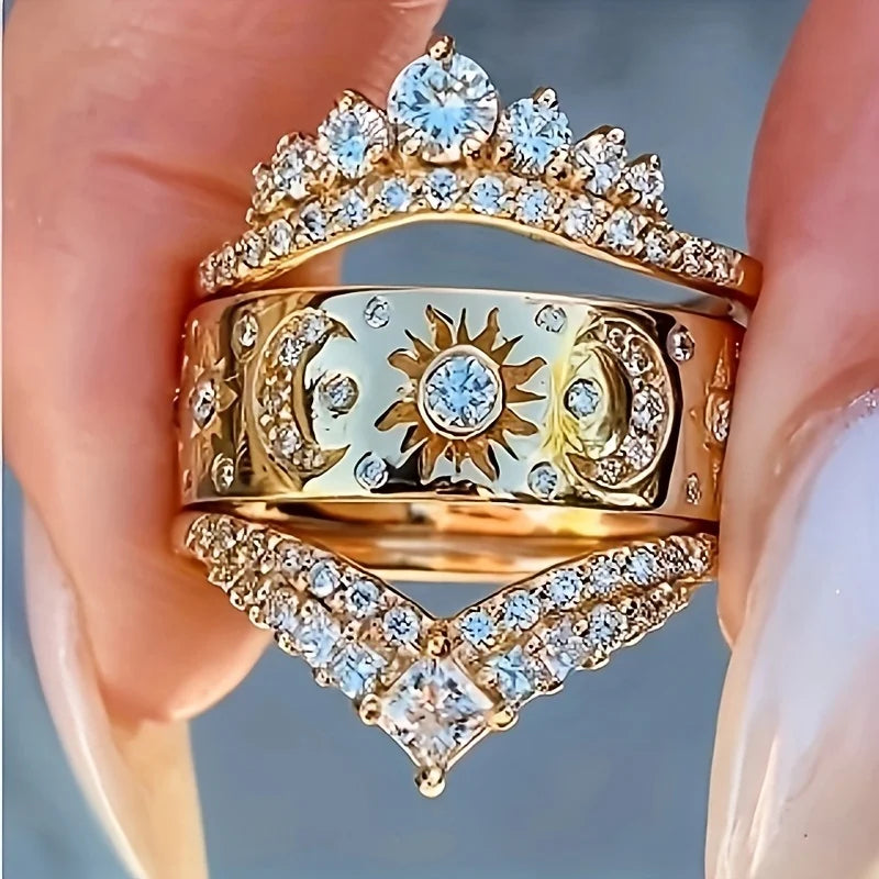 3 PCS Carved Sun & Moon Ring