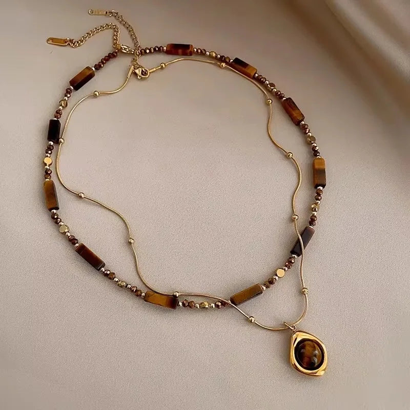 2 PCS Tiger Eye Stone Necklace