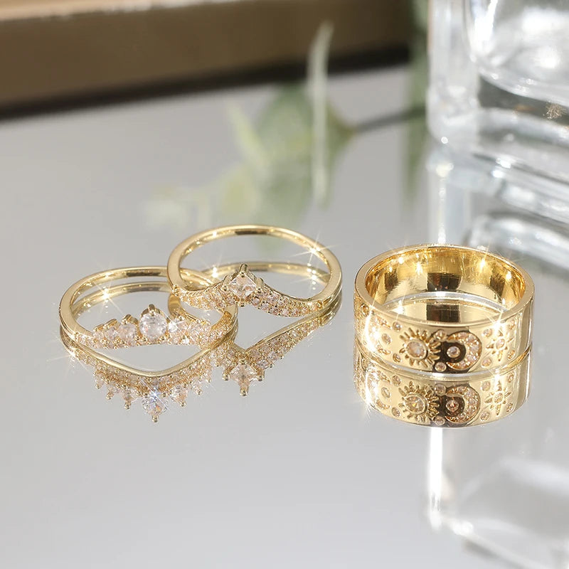 3 PCS Carved Sun & Moon Ring