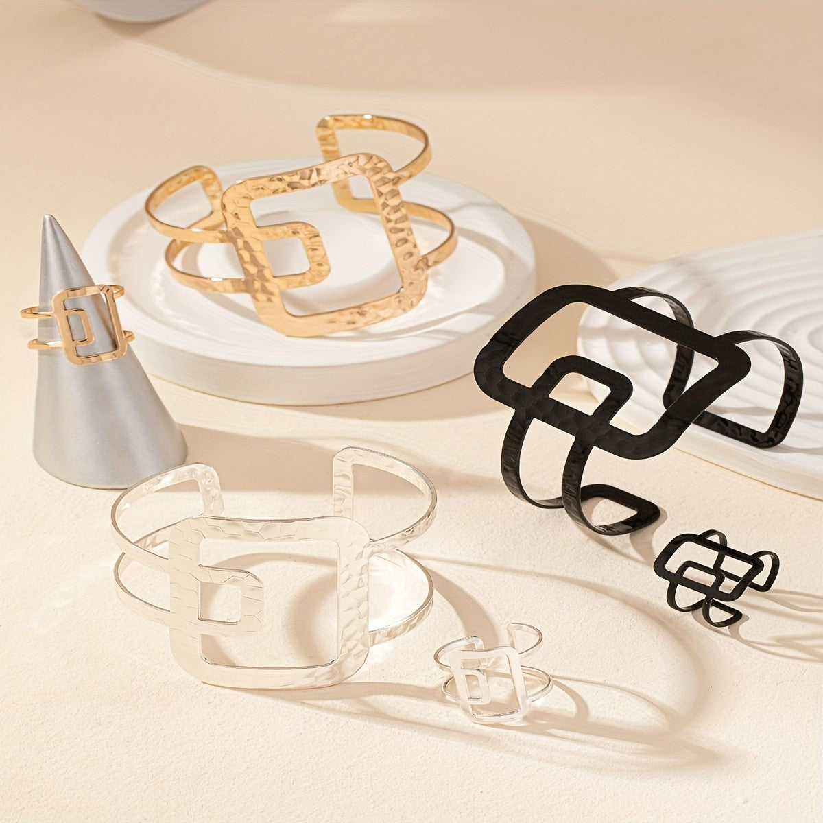 Geometric Open Cuff Bracelet and Ring Set