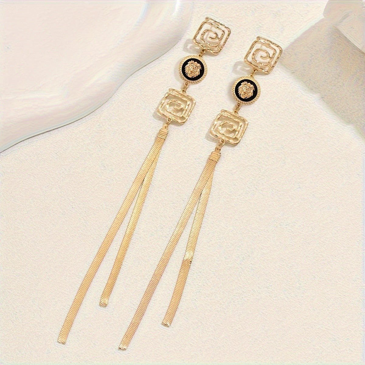 Vintage Geometric Lion Tassel Earrings