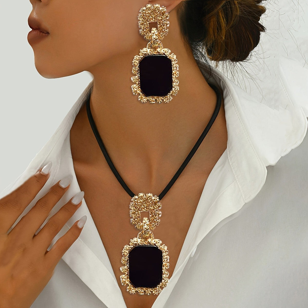 Vintage Square Stone Necklace and Earring Set