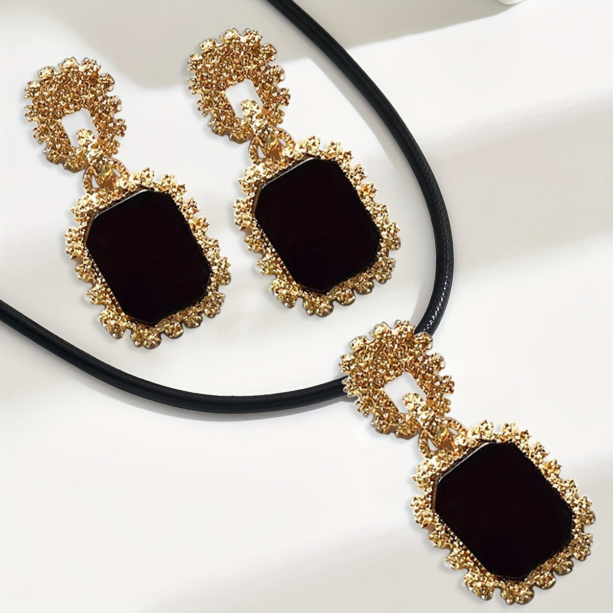 Vintage Square Stone Necklace and Earring Set