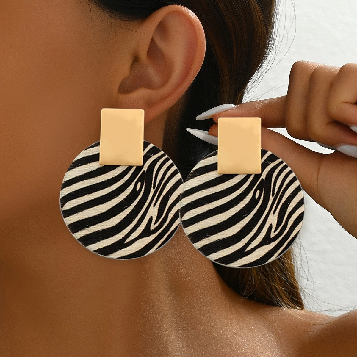 Geometric Zebra Print Round Earrings