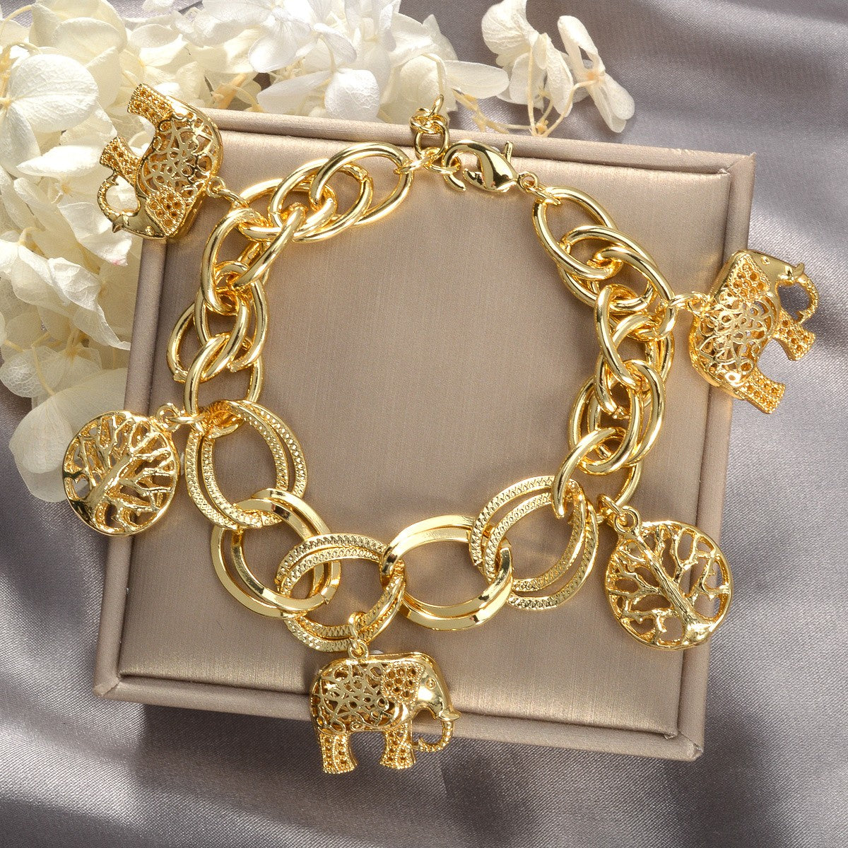 Vintage Elephant and Tree Charm Bracelet