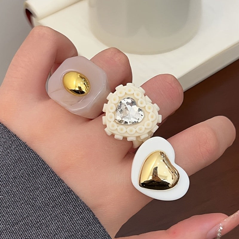 Resin Geometric Heart Ring Set