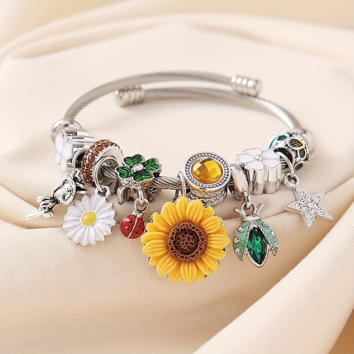 Adjustable Stainless Steel Sunflower Charm Bracelet