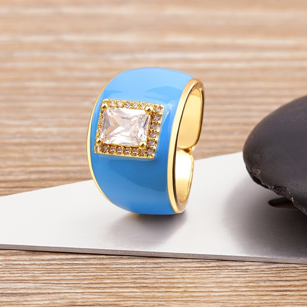 18k Blue Enamel Square Stone Ring