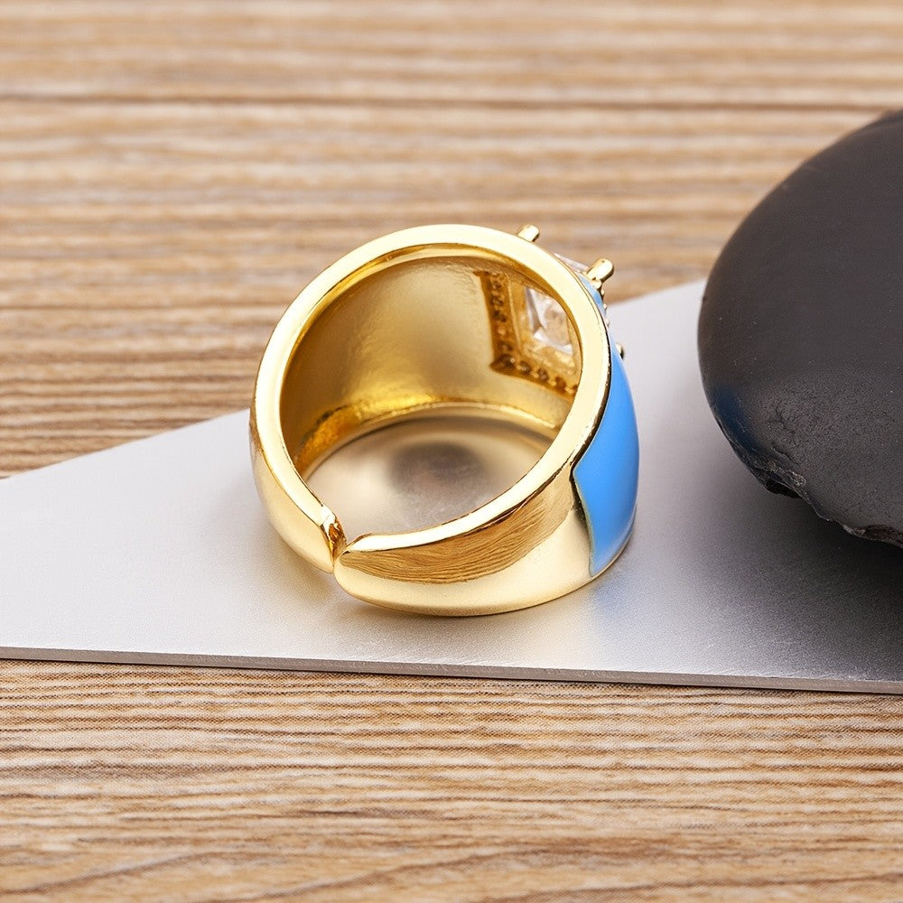 18k Blue Enamel Square Stone Ring
