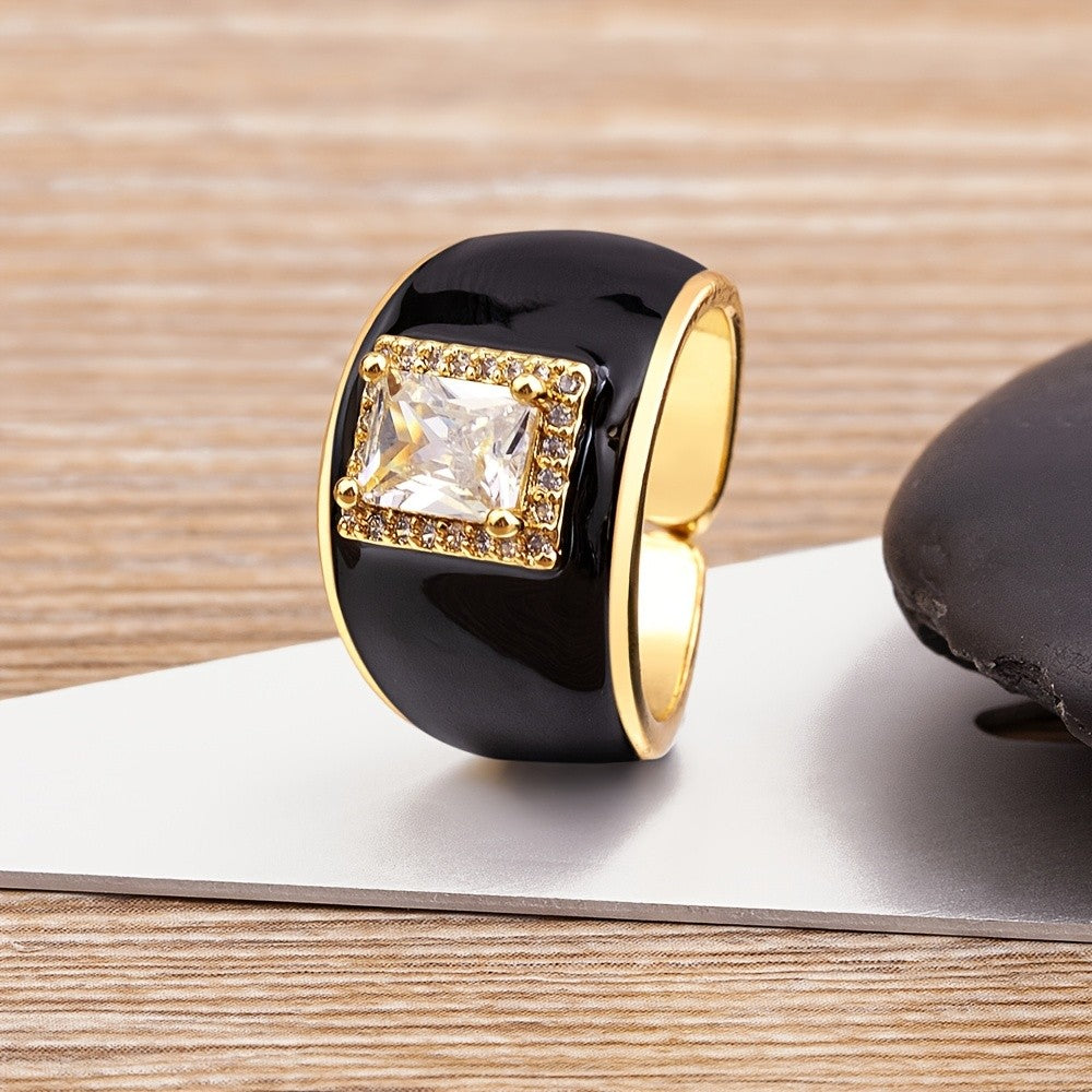18k Blue Enamel Square Stone Ring