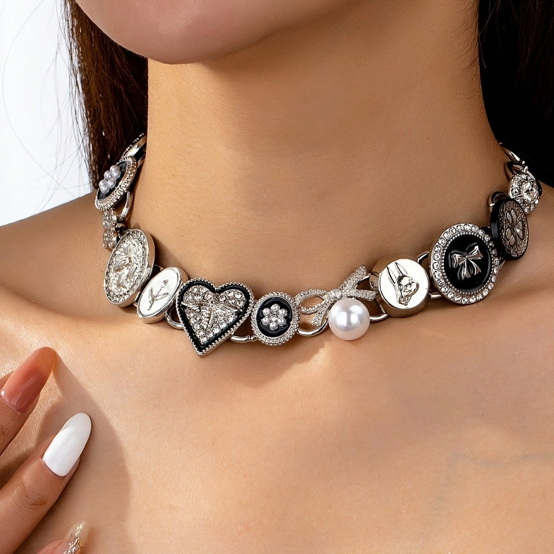 Gothic Heart Button Charm Necklace