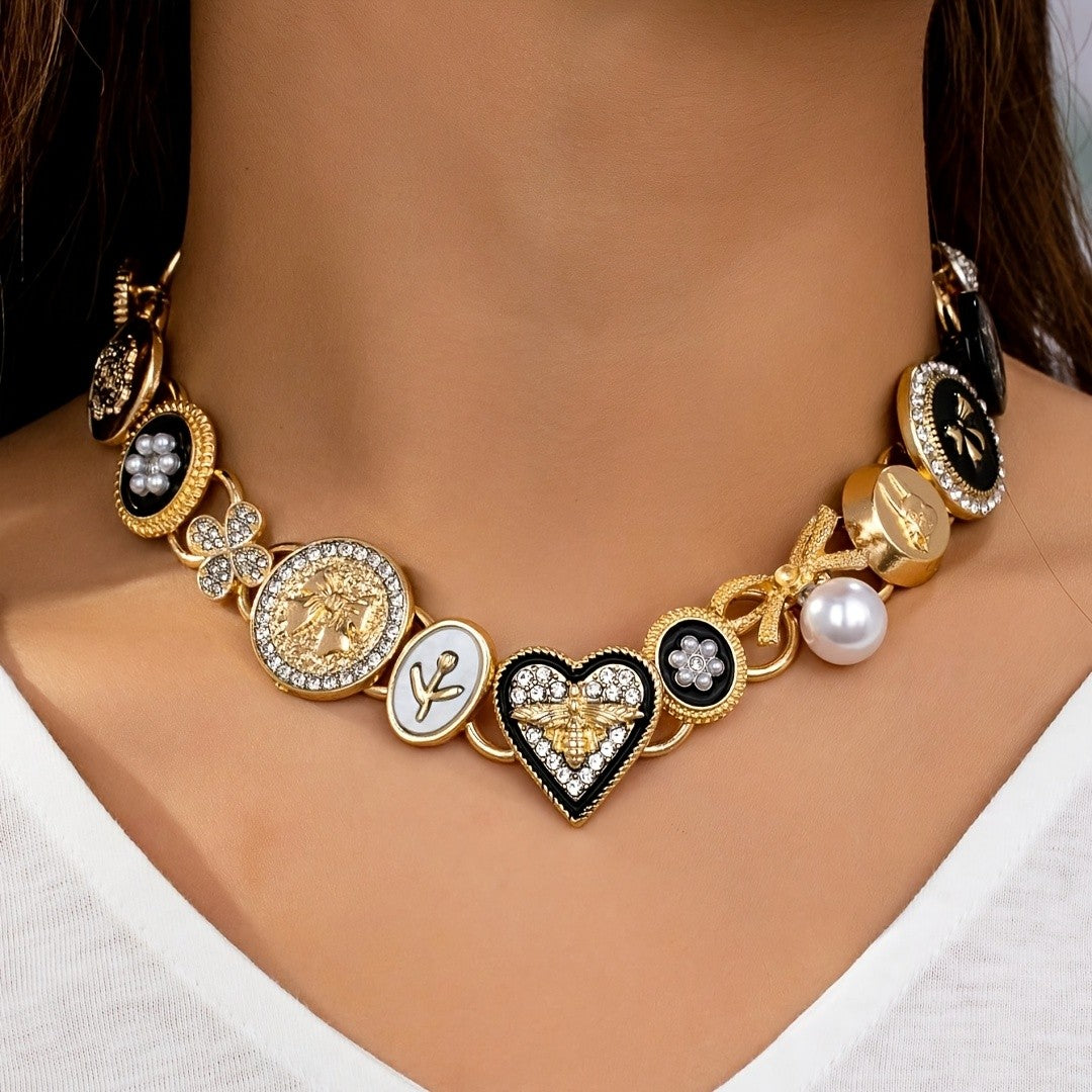 Gothic Heart Button Charm Necklace
